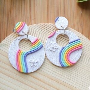 Textured White Circle Rainbow Swirl Dangles - Handmade Earrings - Floral Accents